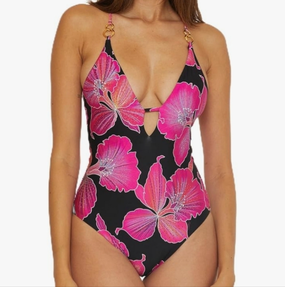 Trina Turk Black One-Piece Swimsuit with Bright Pink Floral Print and Gold Rings